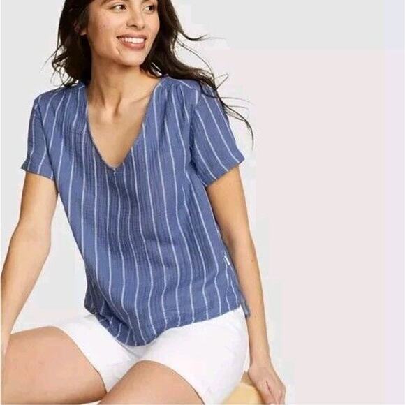 Eddie Bauer Tops - Eddie Bauer Carry On Shirred Short Sleeve Shirt XL Bluebird Boxy Relaxed Fit NEW